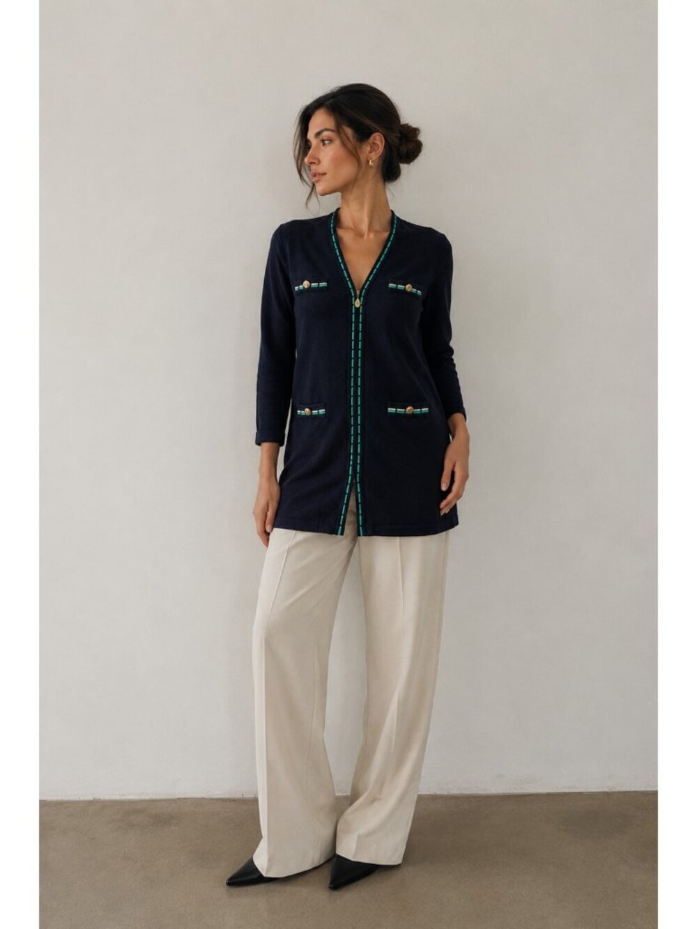ARA Golf Cardigan Sweater Women’s 12/ EU 40 Navy Green Trim Full Zip Wool Blend